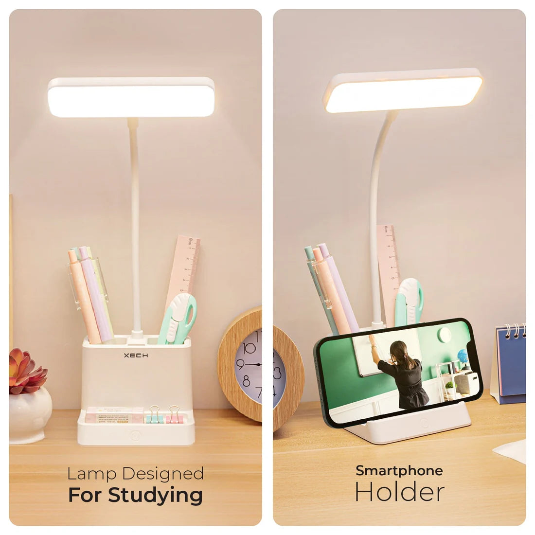 XECH Desky Lite LED Table Lamp with Pen Stand & 3-Color Dimmable Light – Rechargeable