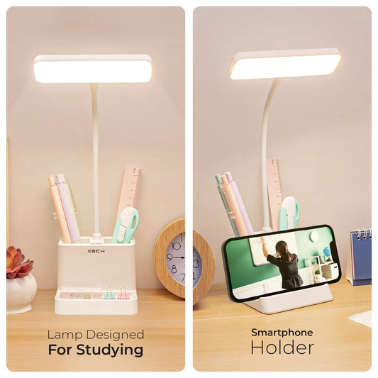XECH Desky Lite LED Table Lamp with Pen Stand & 3-Color Dimmable Light – Rechargeable
