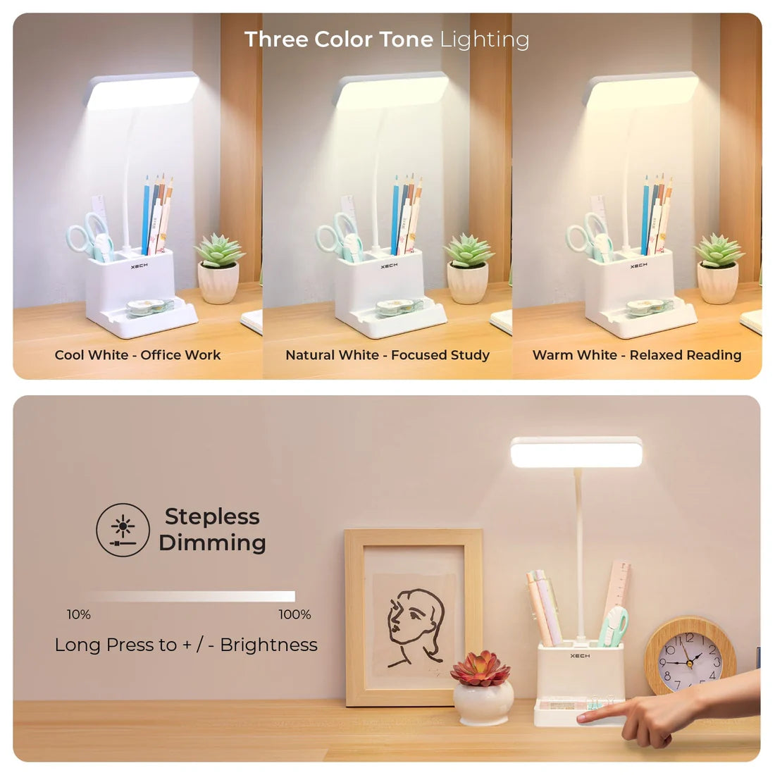 XECH Desky Lite LED Table Lamp with Pen Stand & 3-Color Dimmable Light – Rechargeable